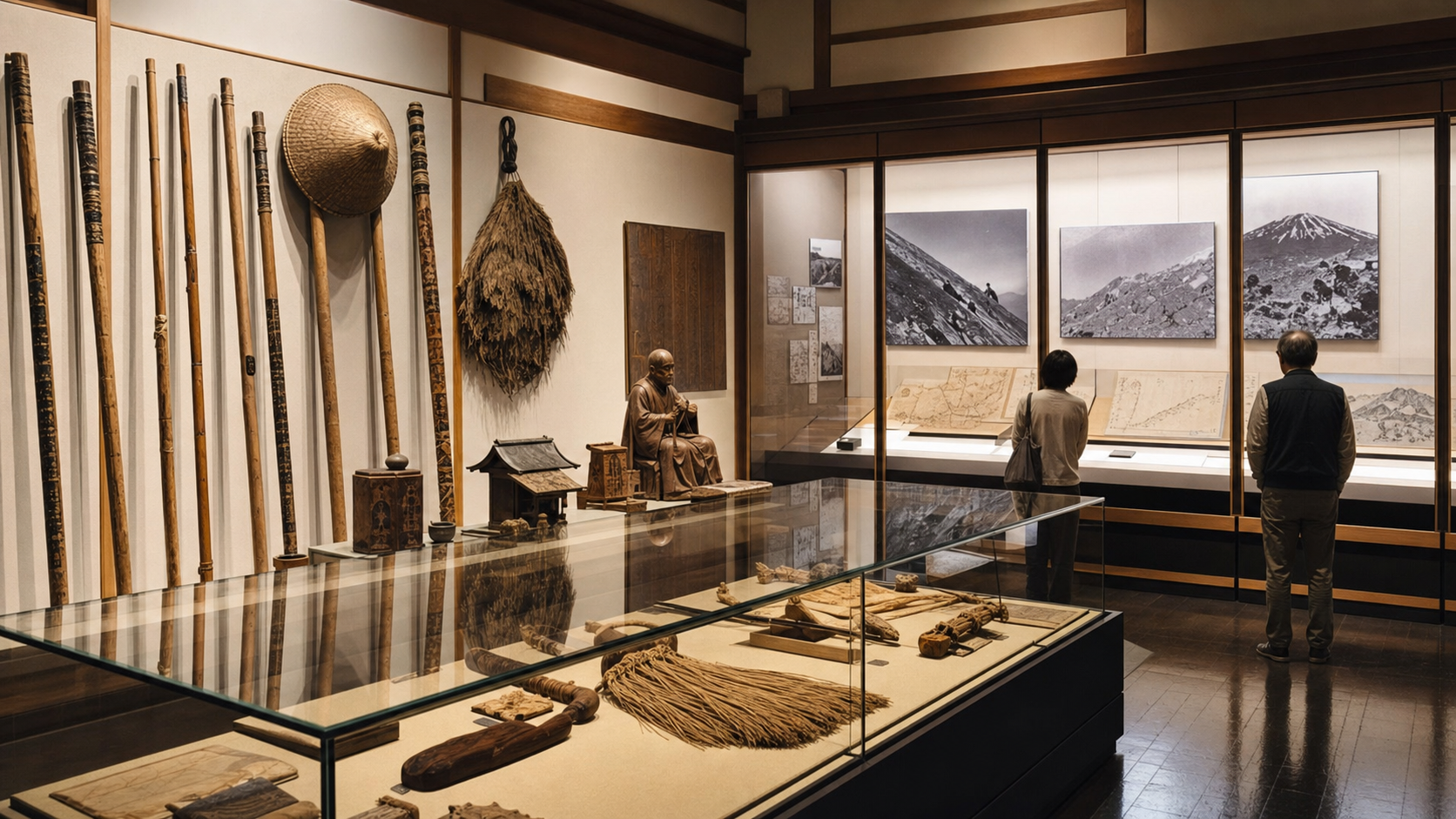 Museum gallery with historic Mount Fuji climbing staffs maps and photographs