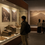 Text-free museum gallery with historical climbing staffs, mountain-hut models, sandals, and visitors