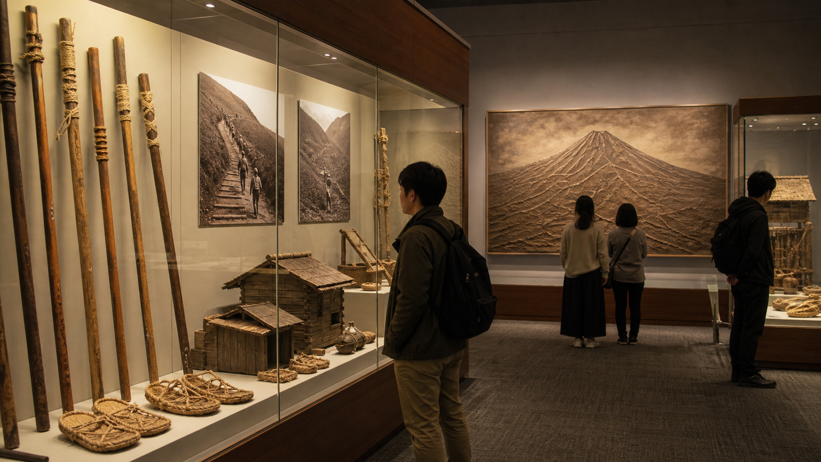 Text-free museum gallery with historical climbing staffs, mountain-hut models, sandals, and visitors