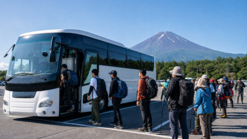 Hikers boarding an unbranded shuttle bus at a Fuji foothills parking area with Mount Fuji behind them