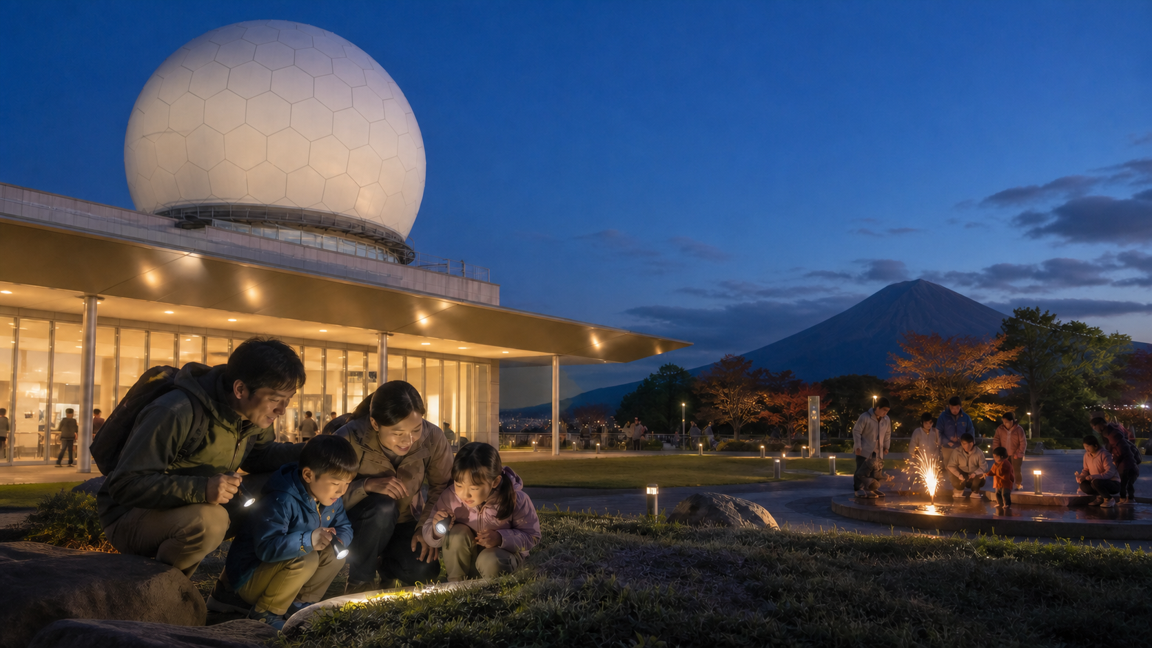 Text-free family using flashlights beside a geodesic radar dome at dusk with supervised sparklers in the plaza