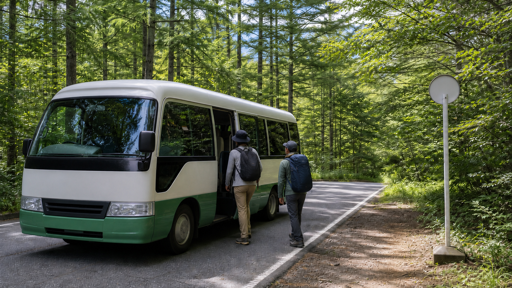 Two hikers boarding a small seasonal bus on a forest road toward Umagaeshi