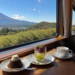 Text-free chocolate Mount Fuji dessert and grape jelly beside a scenic Japanese train window with bare Mount Fuji outside