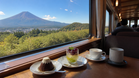 Text-free chocolate Mount Fuji dessert and grape jelly beside a scenic Japanese train window with bare Mount Fuji outside