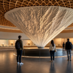 Travelers viewing a large inverted Mount Fuji sculpture inside a warm wooden museum interior