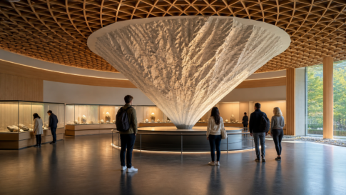 Travelers viewing a large inverted Mount Fuji sculpture inside a warm wooden museum interior