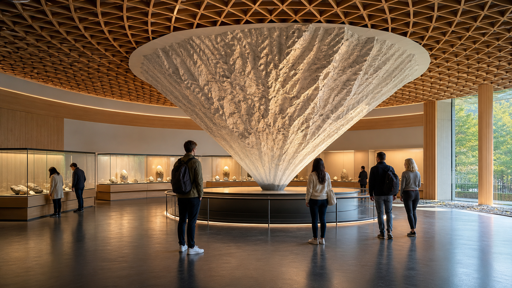 Travelers viewing a large inverted Mount Fuji sculpture inside a warm wooden museum interior