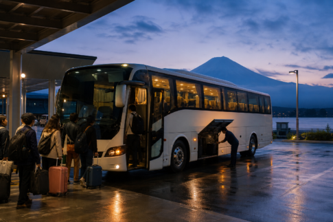 Travelers boarding an unbranded overnight coach at a Japanese terminal with a bare summer Mount Fuji beyond