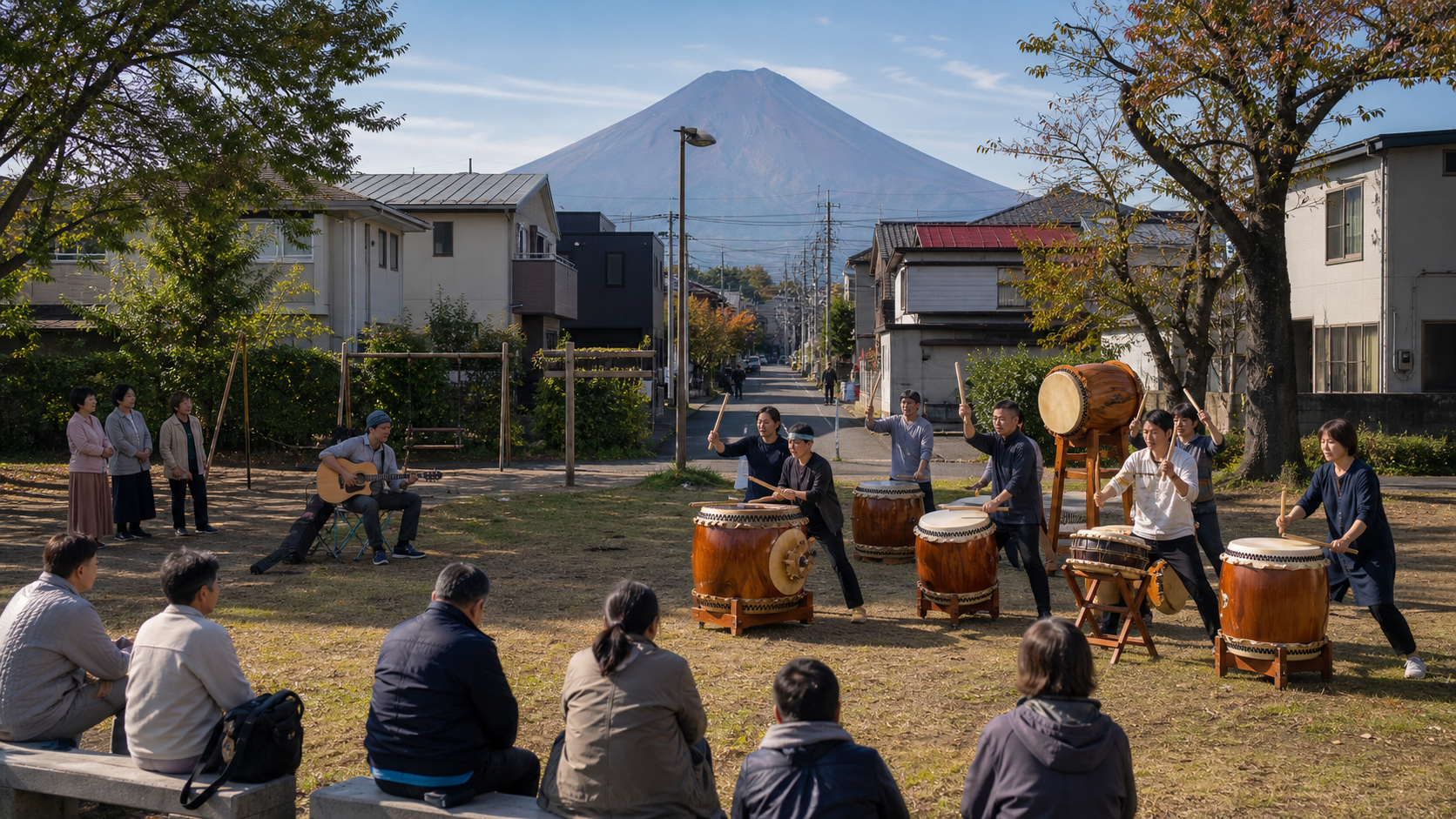 Small text-free neighborhood taiko and acoustic guitar performance in Fujiyoshida with bare Mount Fuji beyond