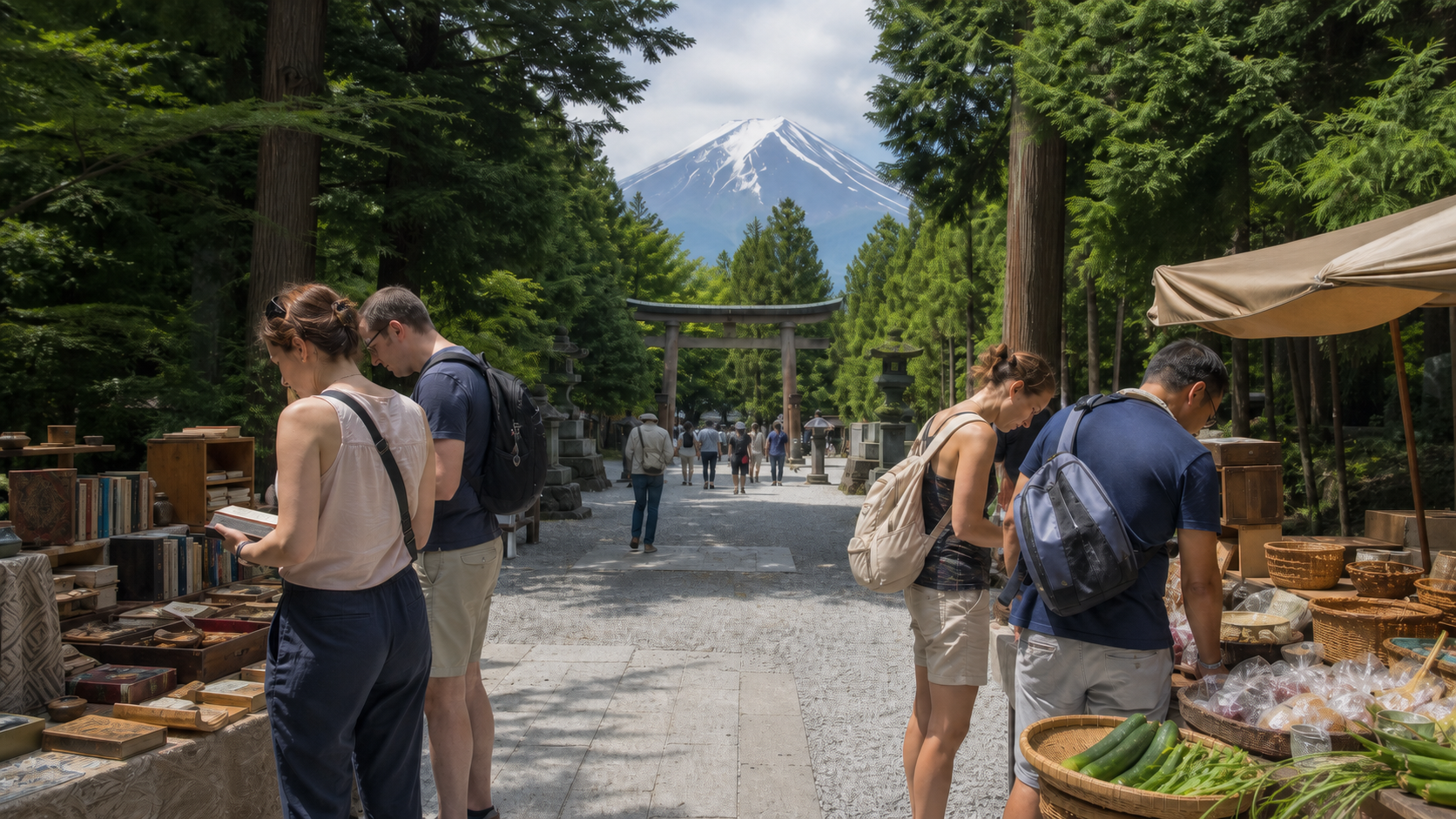 Travelers browsing a summer craft and produce market on a shrine approach near Mount Fuji