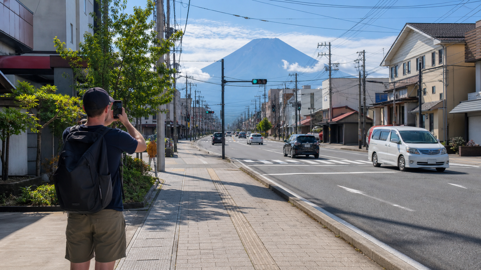 Traveler photographing snow-free Mount Fuji from a wide sidewalk while cars remain unobstructed on a Fujiyoshida street