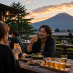 Adults enjoying an outdoor craft beer garden in Fujiyoshida at sunset with Mount Fuji behind them