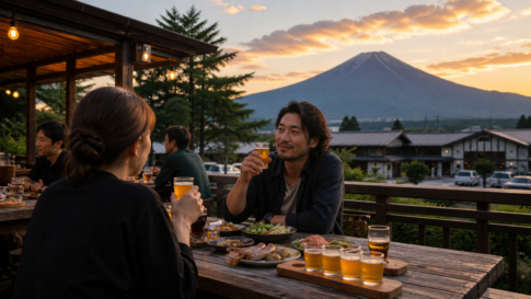 Adults enjoying an outdoor craft beer garden in Fujiyoshida at sunset with Mount Fuji behind them