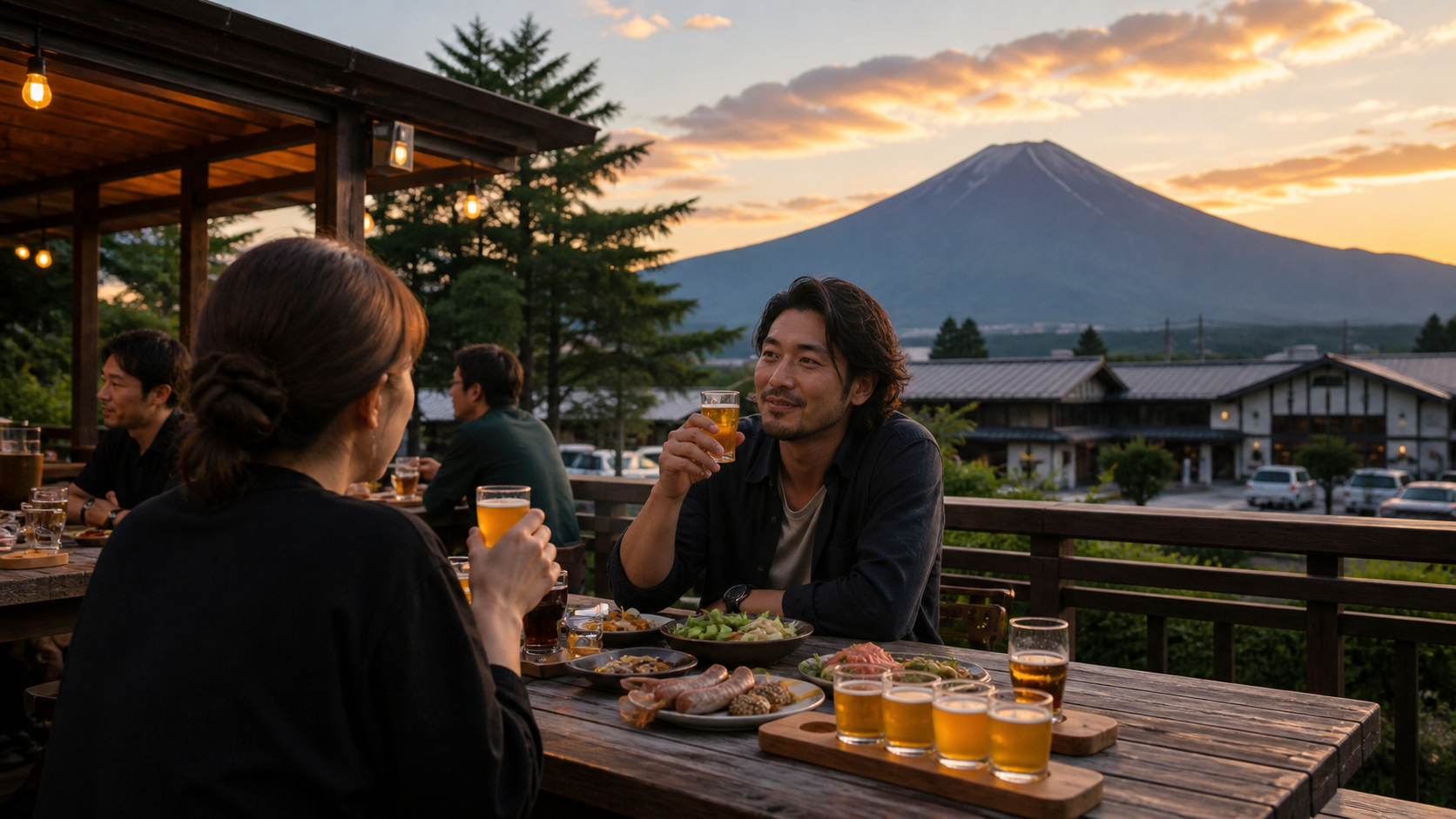 Adults enjoying an outdoor craft beer garden in Fujiyoshida at sunset with Mount Fuji behind them