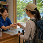 Summer hiker receiving a small souvenir pin at a lakeside tourist information counter