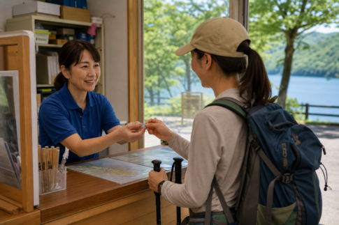 Summer hiker receiving a small souvenir pin at a lakeside tourist information counter