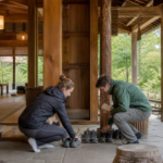 Text-free timber entrance and rest area at a rustic Japanese day-use hot spring with two fully clothed travelers
