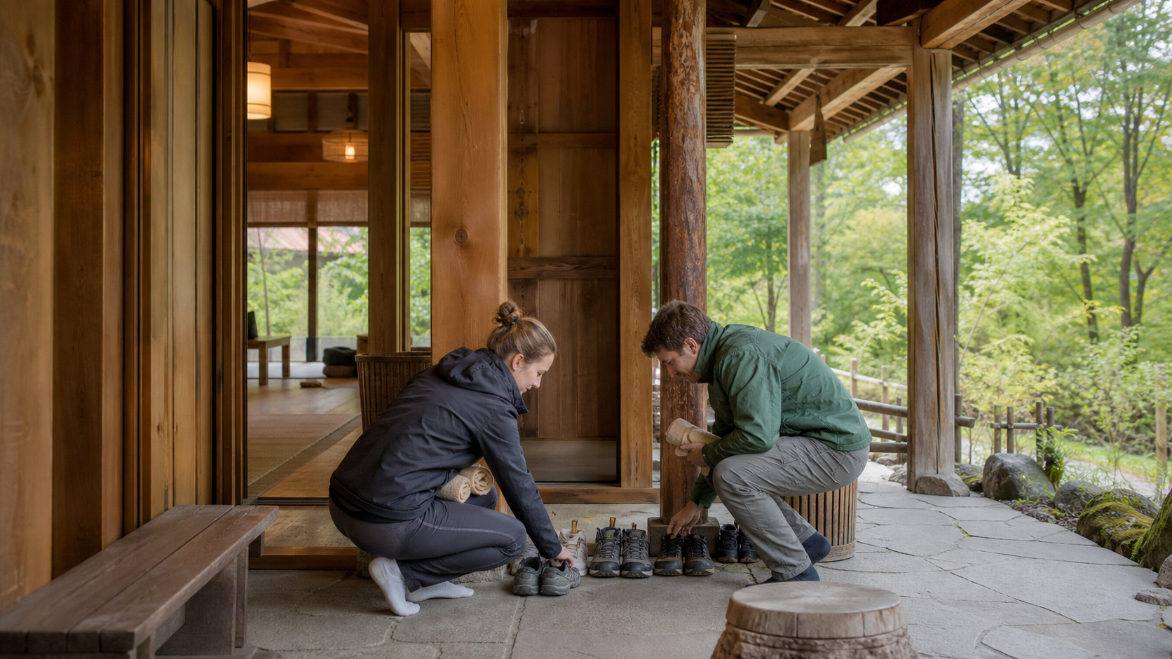 Text-free timber entrance and rest area at a rustic Japanese day-use hot spring with two fully clothed travelers