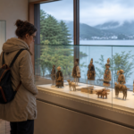 A traveler viewing original generic handcrafted cloth figures in a quiet lakeside museum gallery