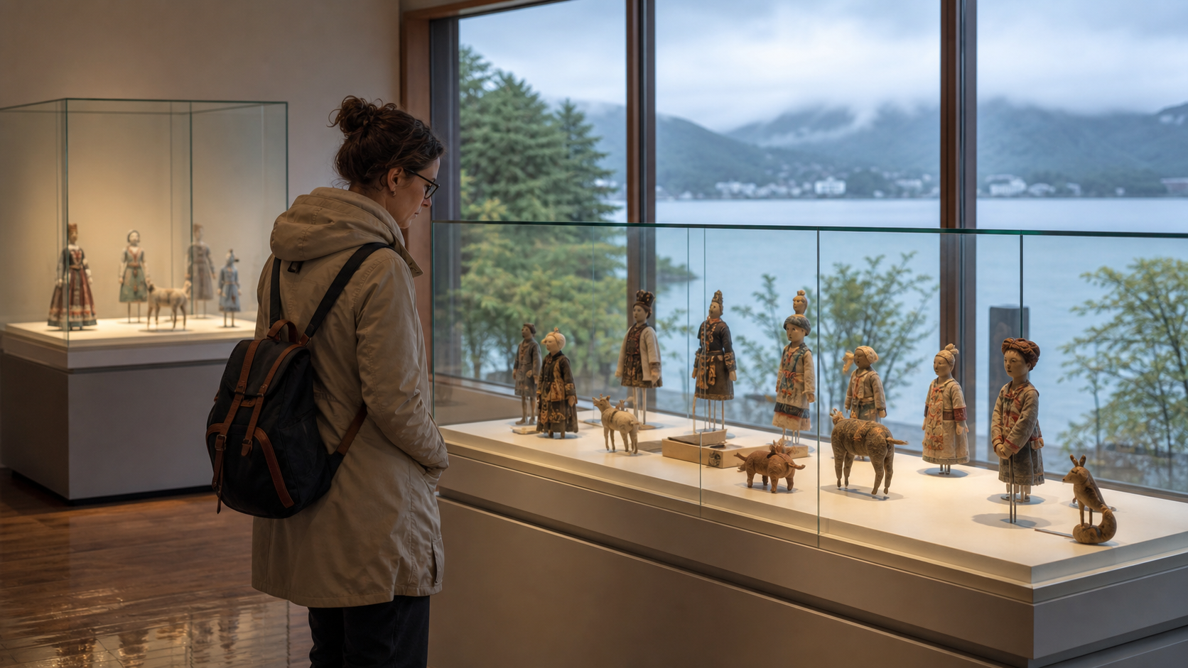 A traveler viewing original generic handcrafted cloth figures in a quiet lakeside museum gallery