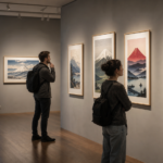 Travelers viewing original Mount Fuji-themed prints in a modern lakeside museum gallery