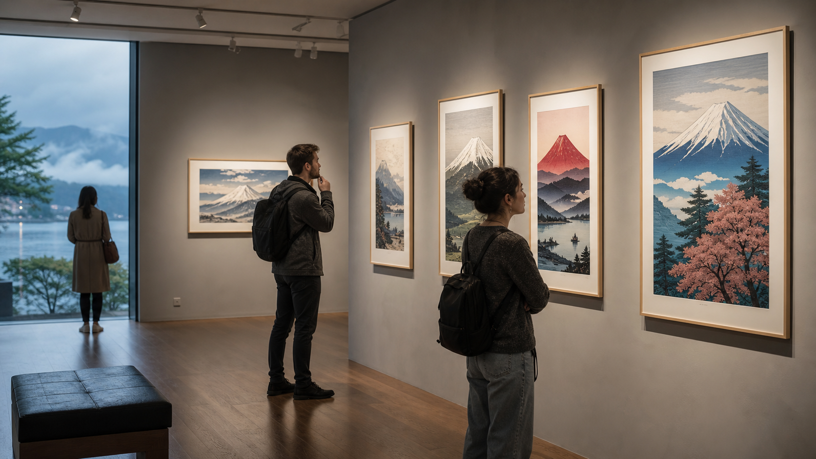 Travelers viewing original Mount Fuji-themed prints in a modern lakeside museum gallery