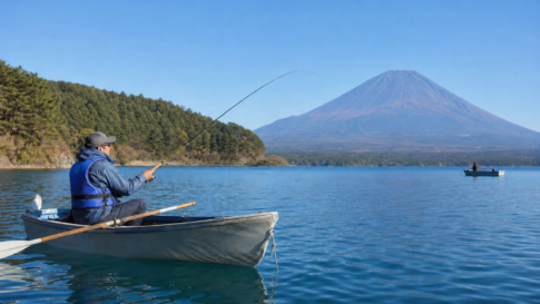 Angler in a plain life jacket fishing from a small boat on Lake Motosu with bare Mount Fuji beyond