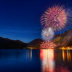 Fireworks over Lake Motosuko and surrounding mountain ridges