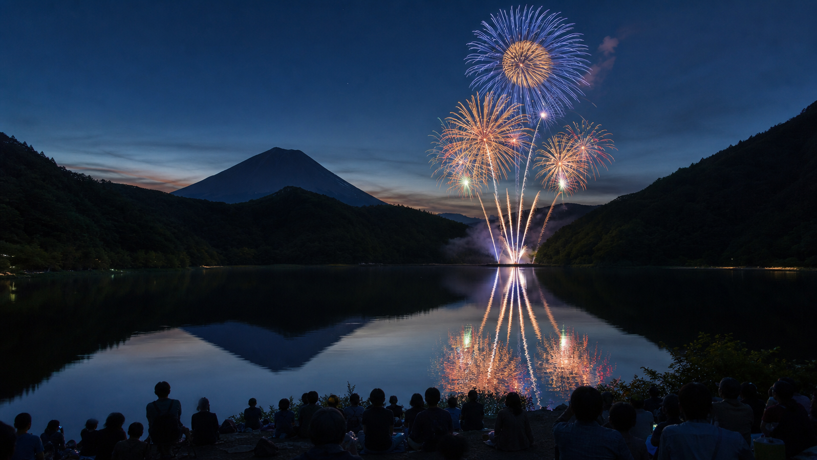 Fireworks reflected across forest-ringed Lake Saiko at night