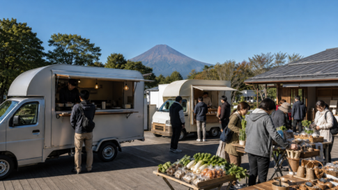 Travelers visiting blank food trucks and local produce tables at a roadside station below a snow-free Mount Fuji