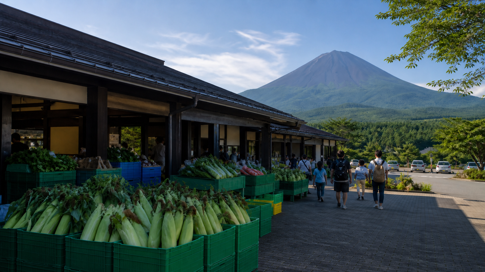 Travelers walking beside plain crates of fresh corn and vegetables at a roadside market below green Mount Fuji