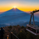 Large mountain ropeway cabin passing an observation terrace as the sun rises over the summit of snow-free Mount Fuji