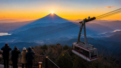 Large mountain ropeway cabin passing an observation terrace as the sun rises over the summit of snow-free Mount Fuji