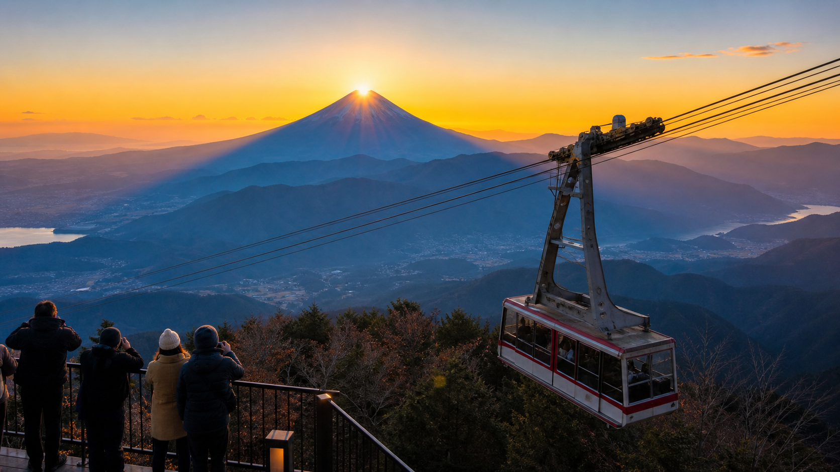 Large mountain ropeway cabin passing an observation terrace as the sun rises over the summit of snow-free Mount Fuji