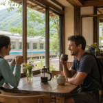 Two summer hikers drinking coffee inside a small wooden station cafe with a local train visible outside