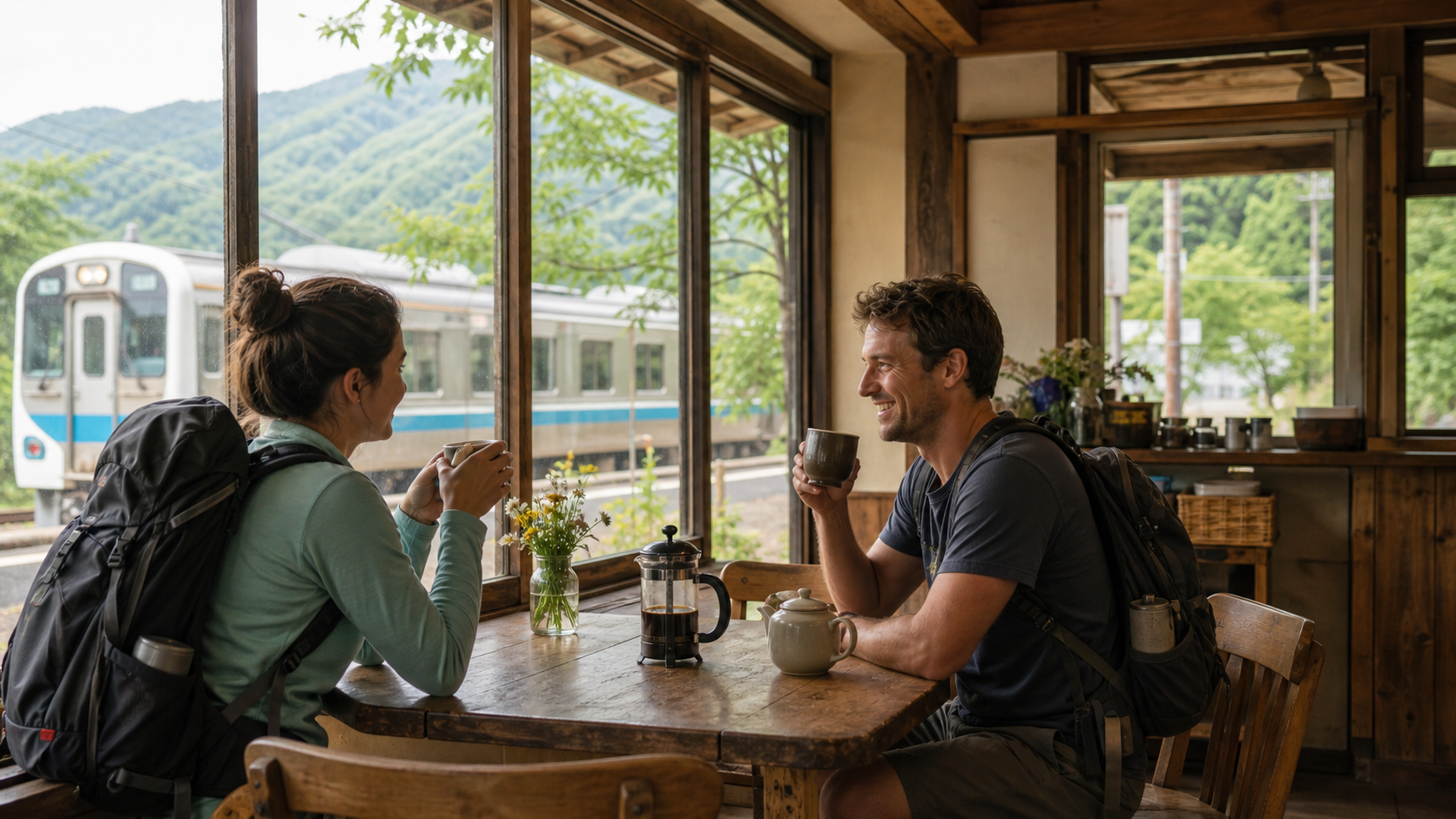 Two summer hikers drinking coffee inside a small wooden station cafe with a local train visible outside