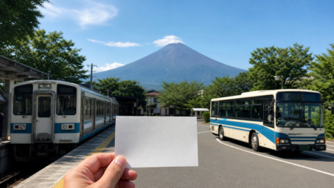 A blank travel pass held between a local train and route bus with snow-free Mount Fuji behind them