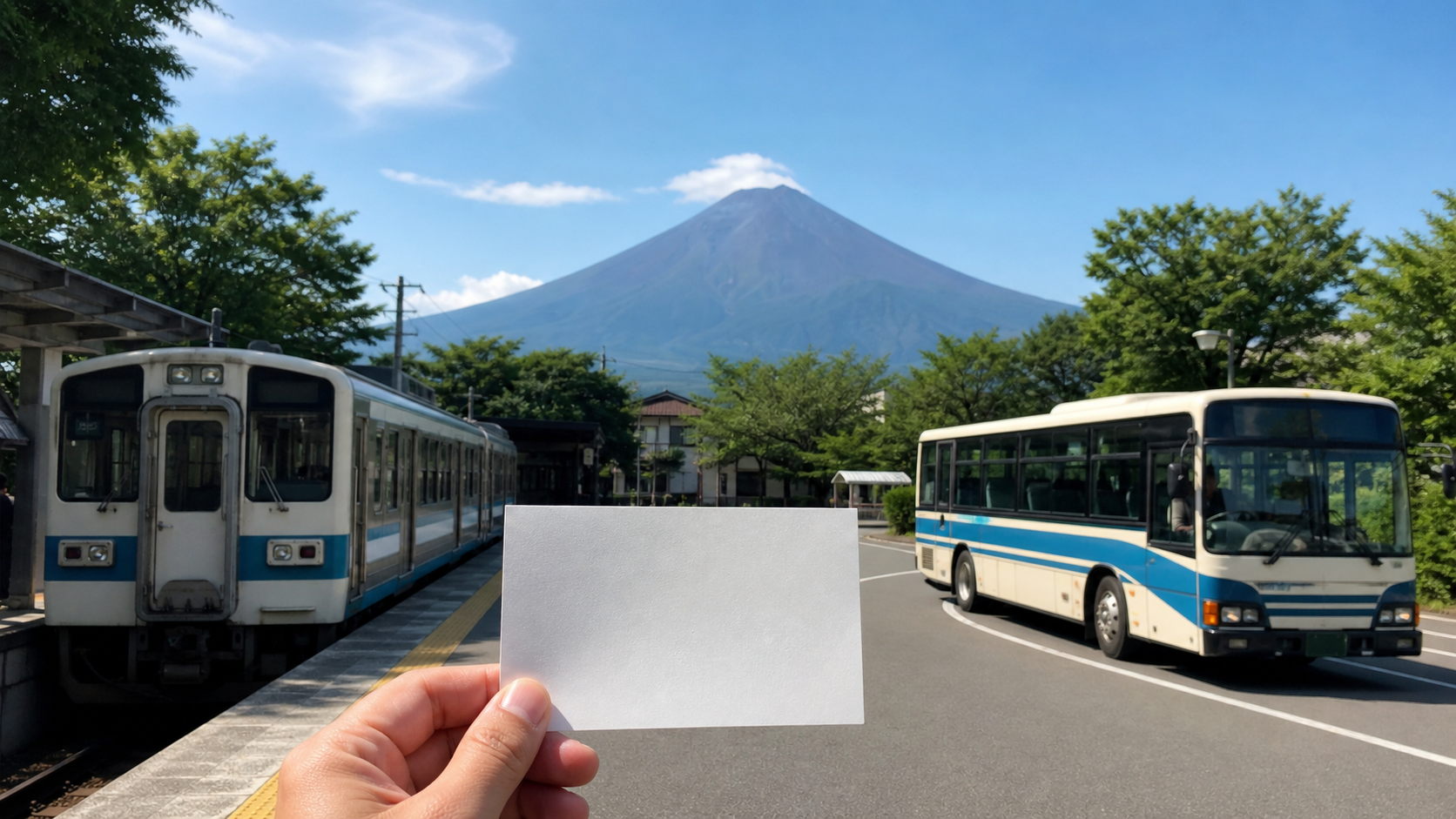 A blank travel pass held between a local train and route bus with snow-free Mount Fuji behind them