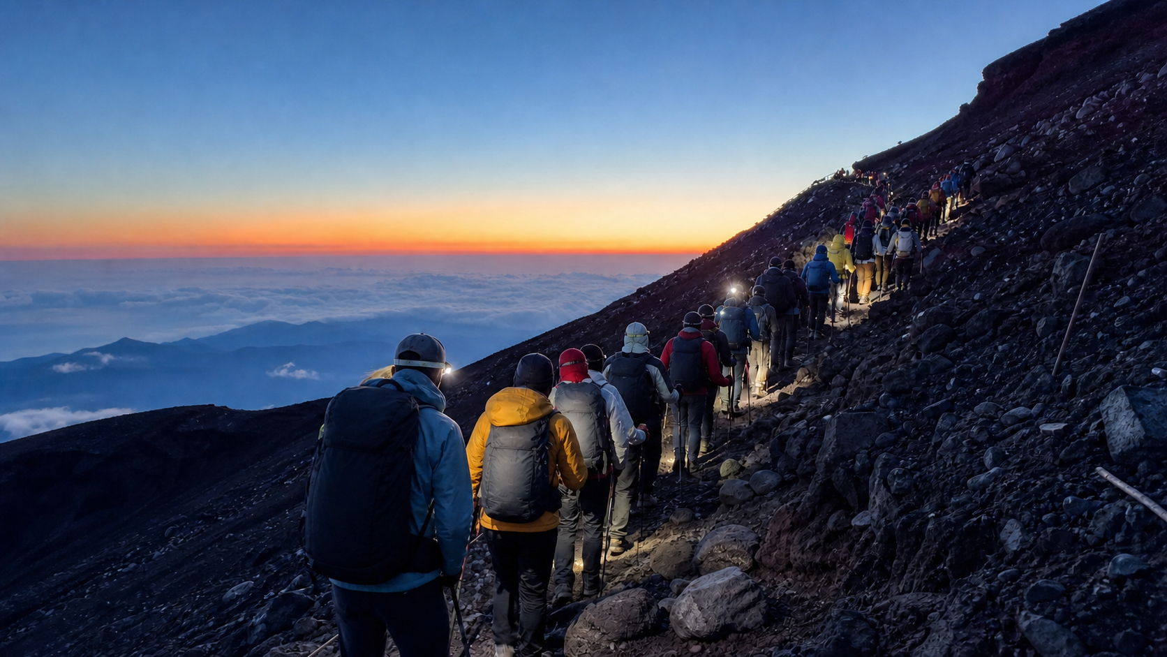 Properly equipped hikers moving in an orderly line on Mt. Fuji before sunrise
