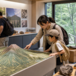 Family examining a Mount Fuji terrain model and volcanic rock displays inside a forest-side science institute