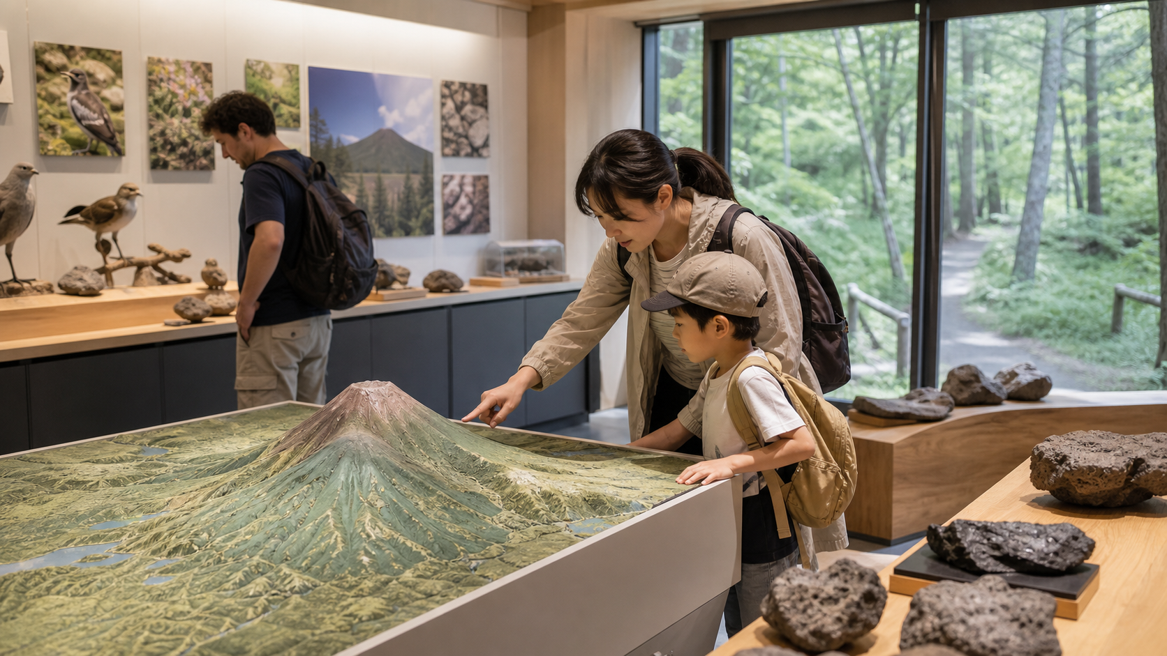 Family examining a Mount Fuji terrain model and volcanic rock displays inside a forest-side science institute