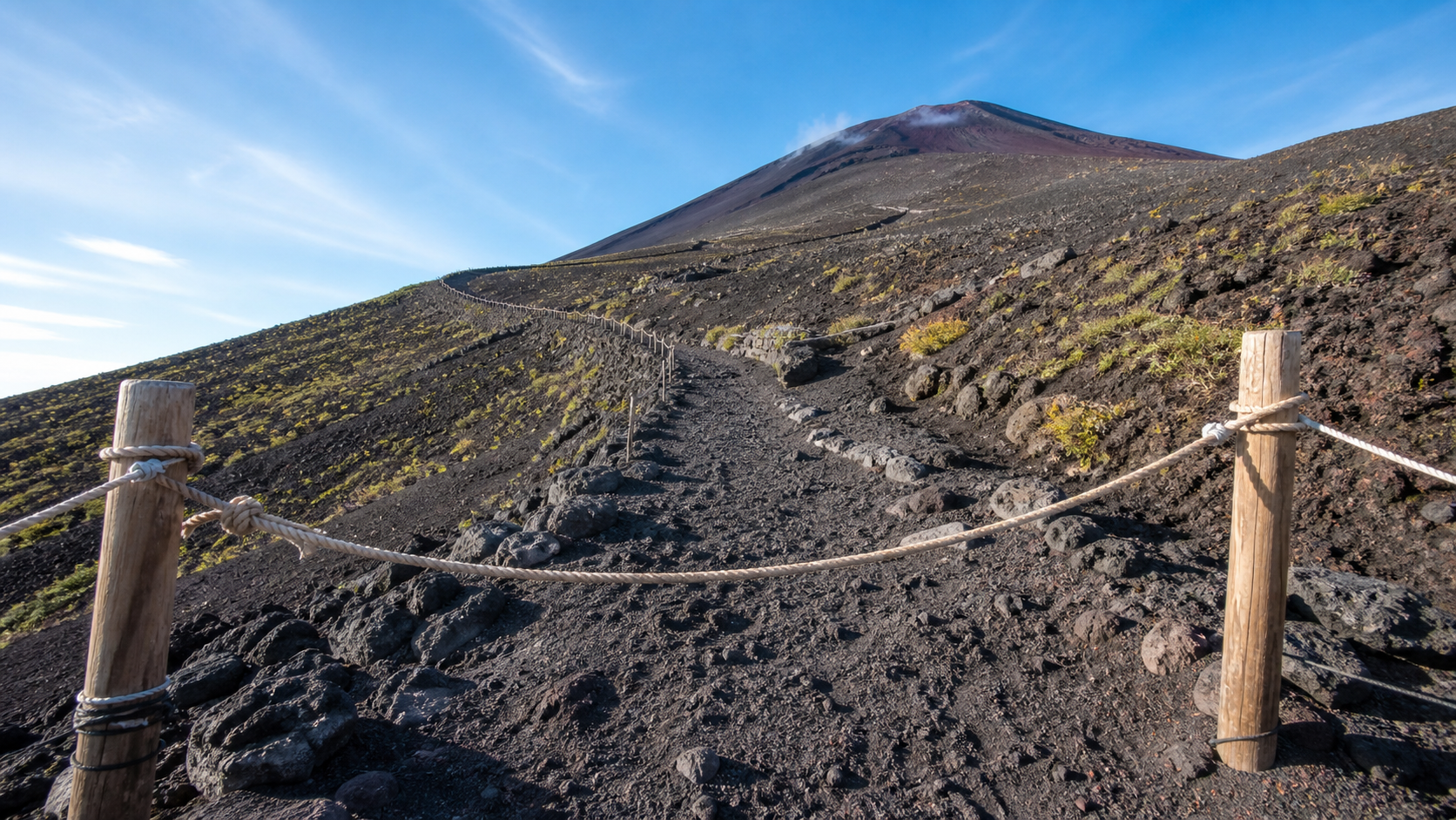 A rope barrier across an empty volcanic hiking trail on snow-free Mount Fuji