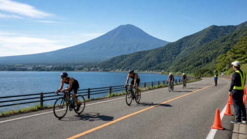 Road cyclists on a closed lakeside road with event marshals and snow-free Mount Fuji in the distance