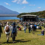 Travelers arriving at a text-free outdoor music festival beside Lake Yamanaka with bare Mount Fuji beyond