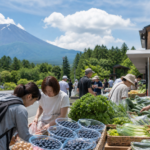 Travelers browsing blueberries and highland vegetables at a roadside station below Mount Fuji