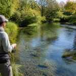 Text-free fly angler standing safely at the edge of a clear spring-fed river in early autumn