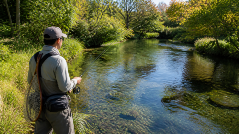 Text-free fly angler standing safely at the edge of a clear spring-fed river in early autumn