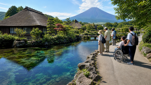 Travelers including a wheelchair user viewing a clear Oshino Hakkai spring pond from a paved path below a snow-free Mount Fuji