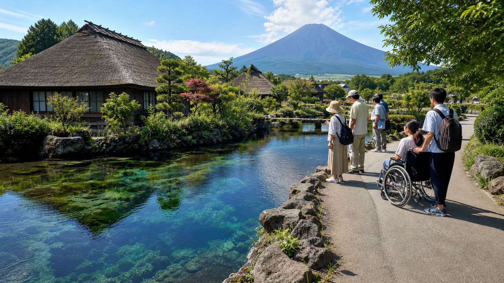 Travelers including a wheelchair user viewing a clear Oshino Hakkai spring pond from a paved path below a snow-free Mount Fuji