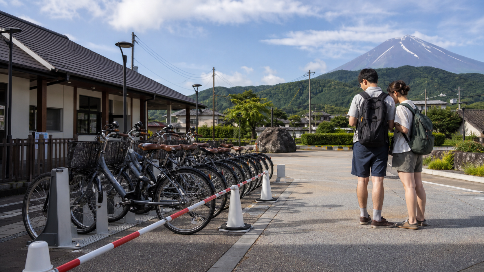 Travelers checking alternatives beside unavailable rental bicycles near a station in the Fuji Five Lakes